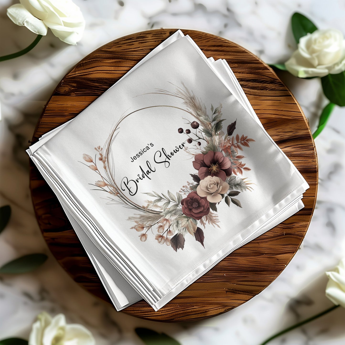 Elegant custom bridal shower napkins, 3-ply tissue, perfect for drinks and snacks at your celebration.