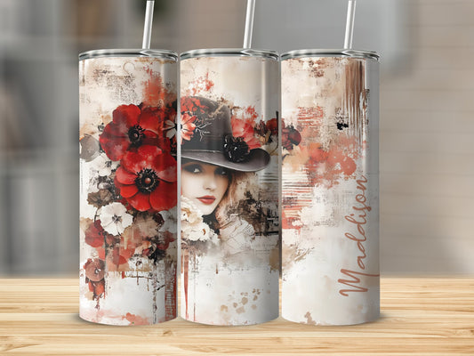 Elegant lady custom tumbler with 20oz stainless steel body, featuring classic feminine artwork