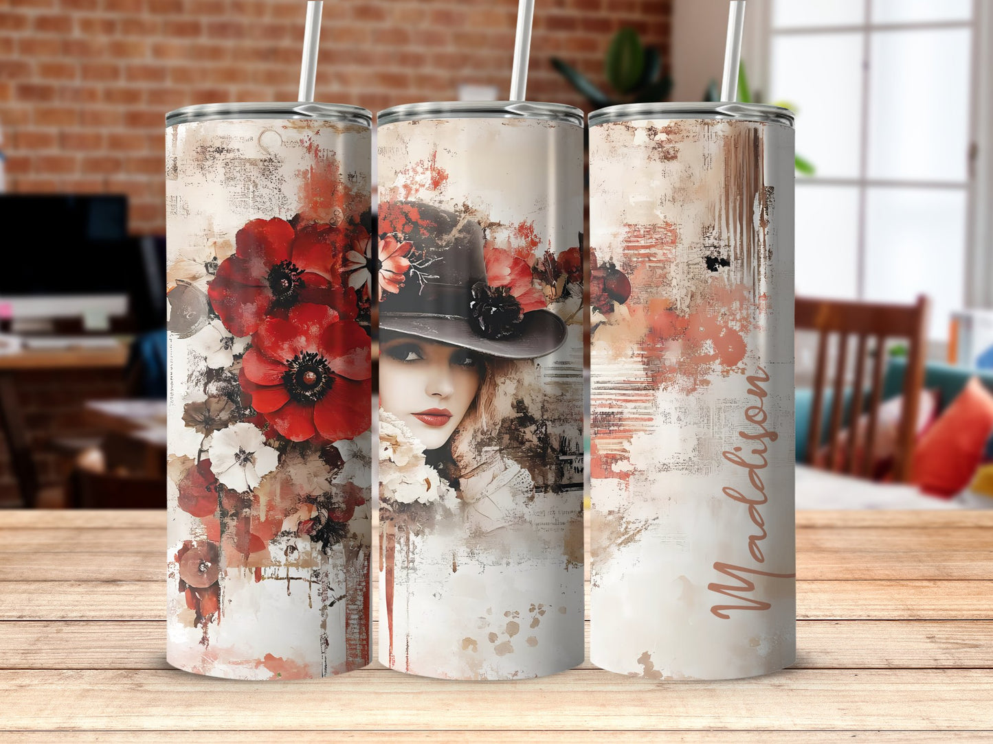 Elegant lady tumbler on table, 20oz stainless steel with graceful illustration and polished finish