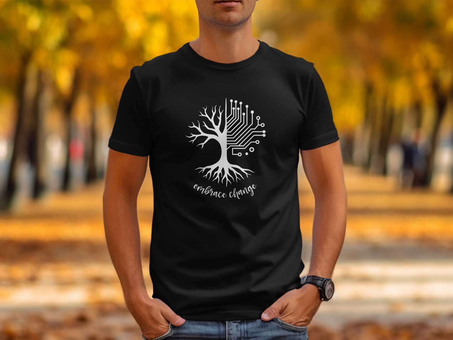 Black Embrace Change tee with white inspirational design, soft cotton fabric, unisex fit, and chic motivational streetwear look.