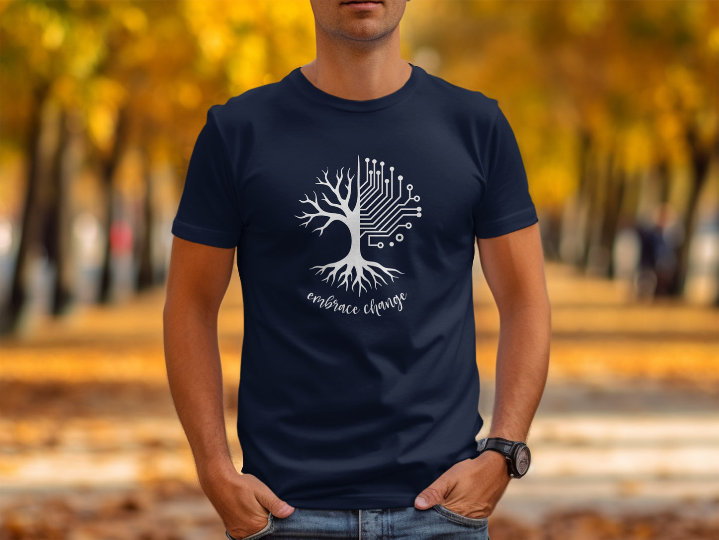 Navy Embrace the Change Tee featuring motivational quote, comfortable lightweight cotton, unisex cut, and clean modern appeal.