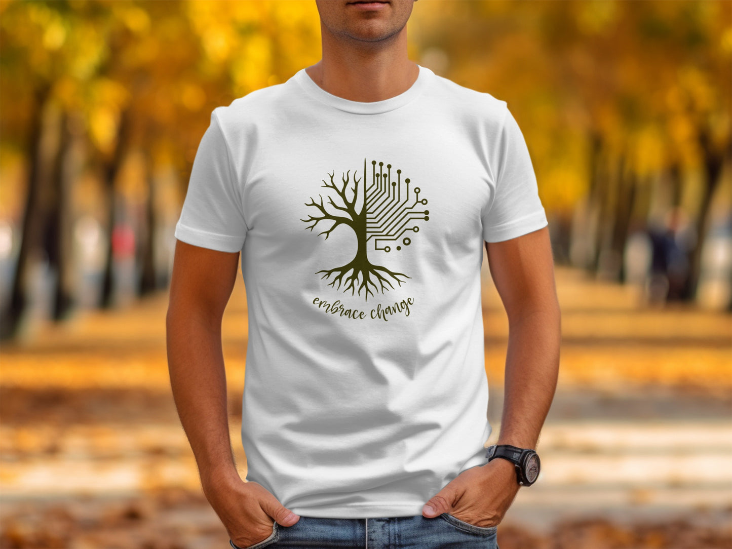 White Embrace the Change tee with motivational text, lightweight cotton, gender-neutral styling, and crisp modern casual wear.