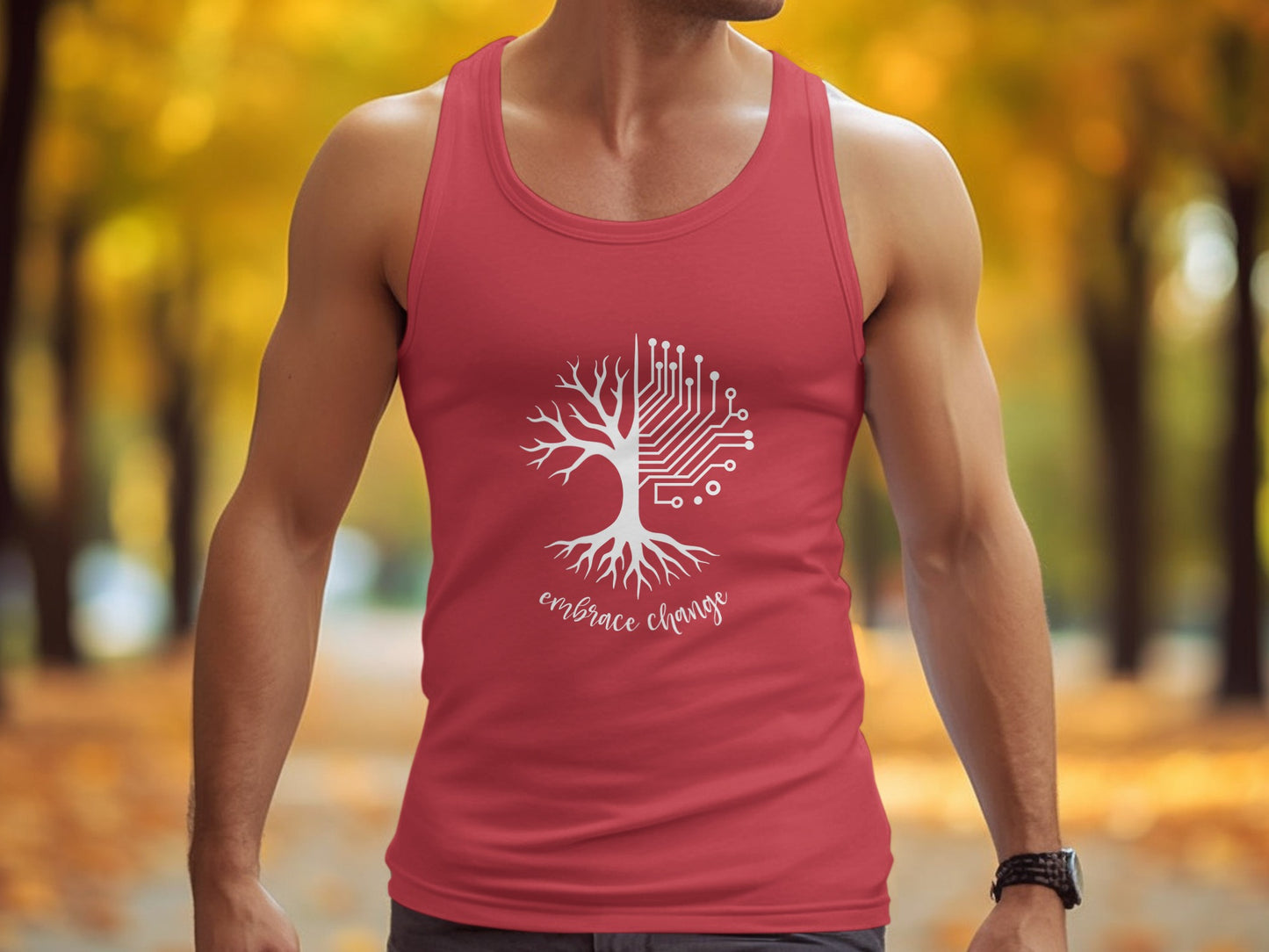 Red Embrace Change Tank Top with empowering quote, lightweight feel, and versatile athletic-style cut.