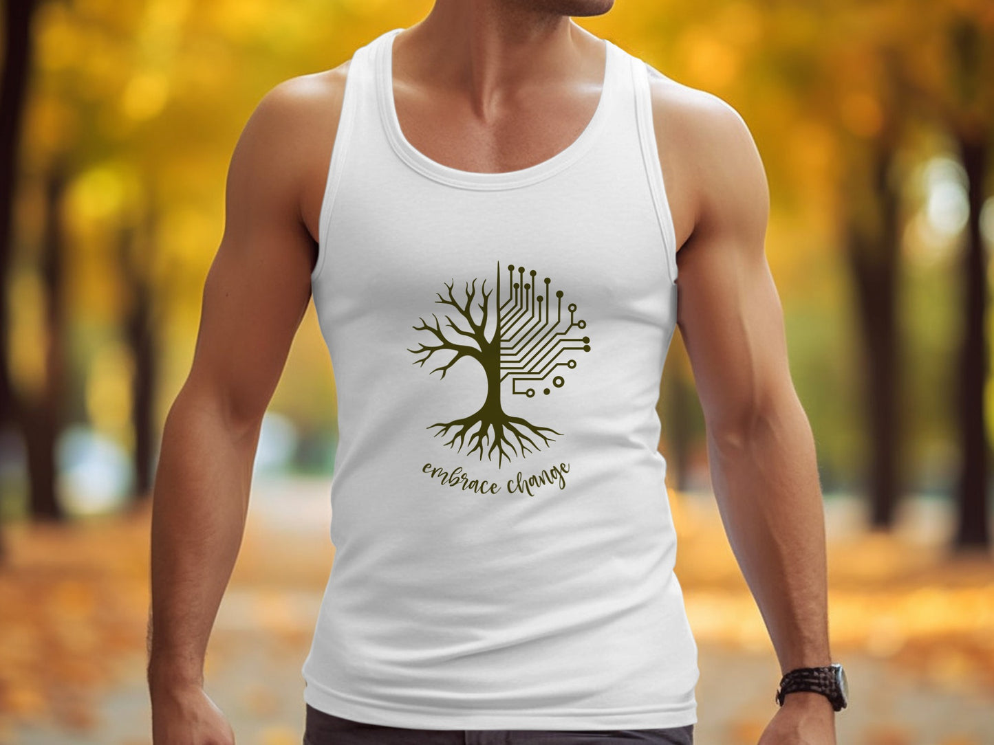 White Embrace Change Tank Top with black motivational print, airy sleeveless design, and scoop neckline.