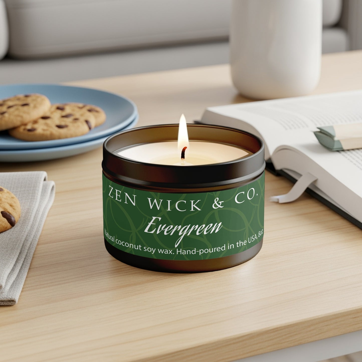 Evergreen coconut soy candle 8oz in reusable black tin with forest green label and Zen Wick & Co. branding.
