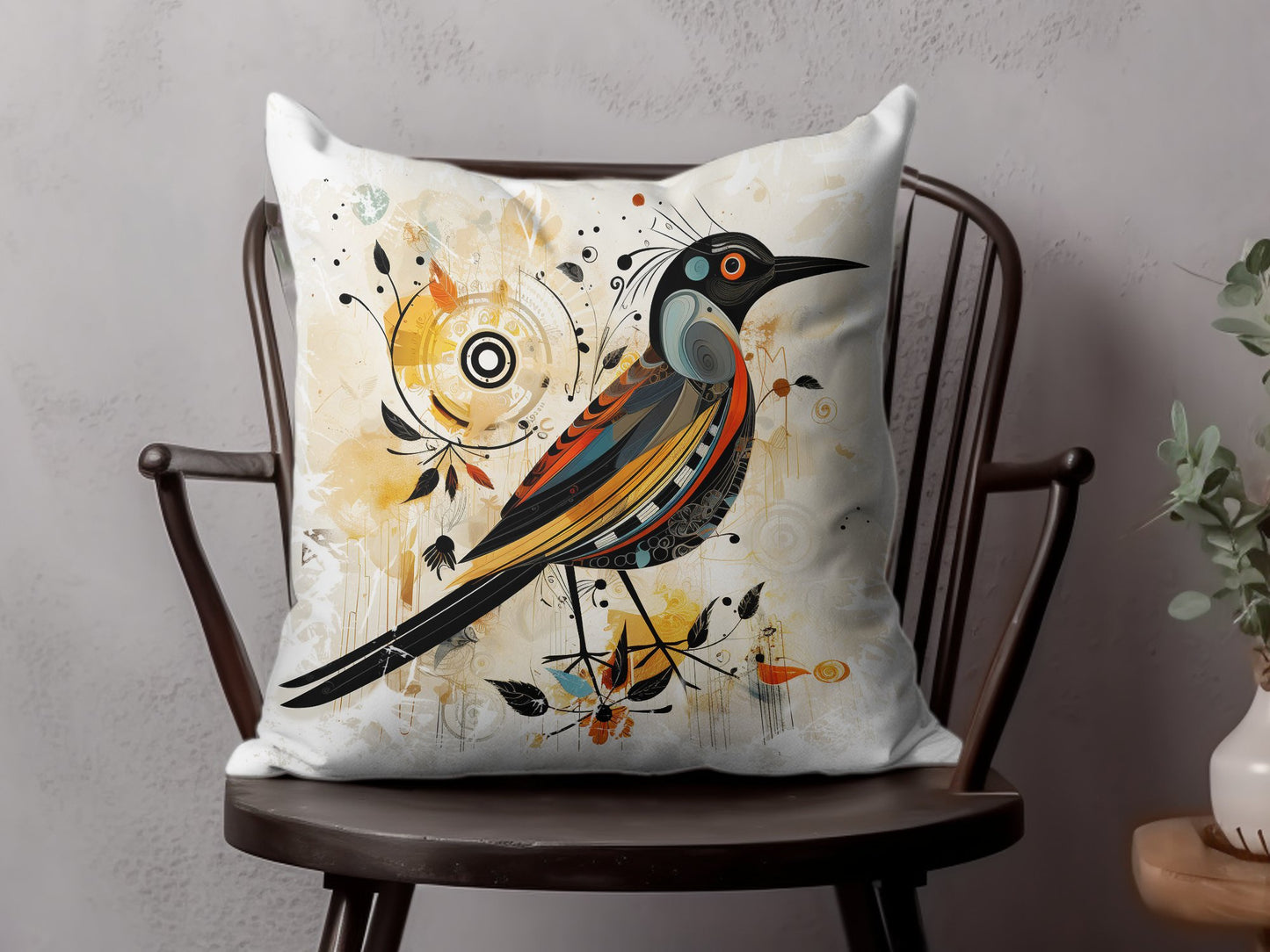 Exotic Bird decorative pillow offering vibrant double-sided print and a soft plush insert for comfort.