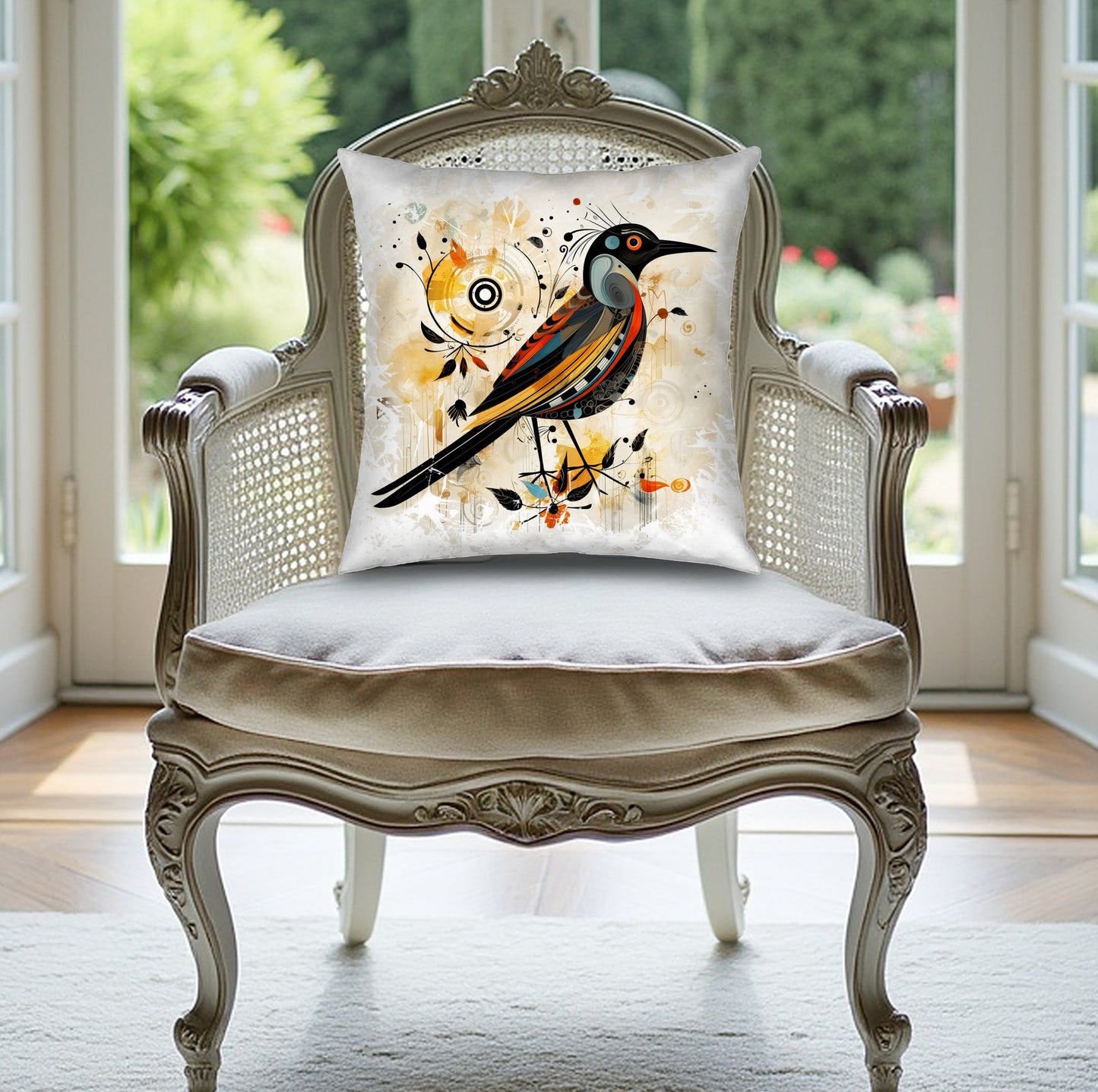 Exotic Bird throw pillow featuring colourful birds, designed for sofas, beds, and favourite lounge spaces.