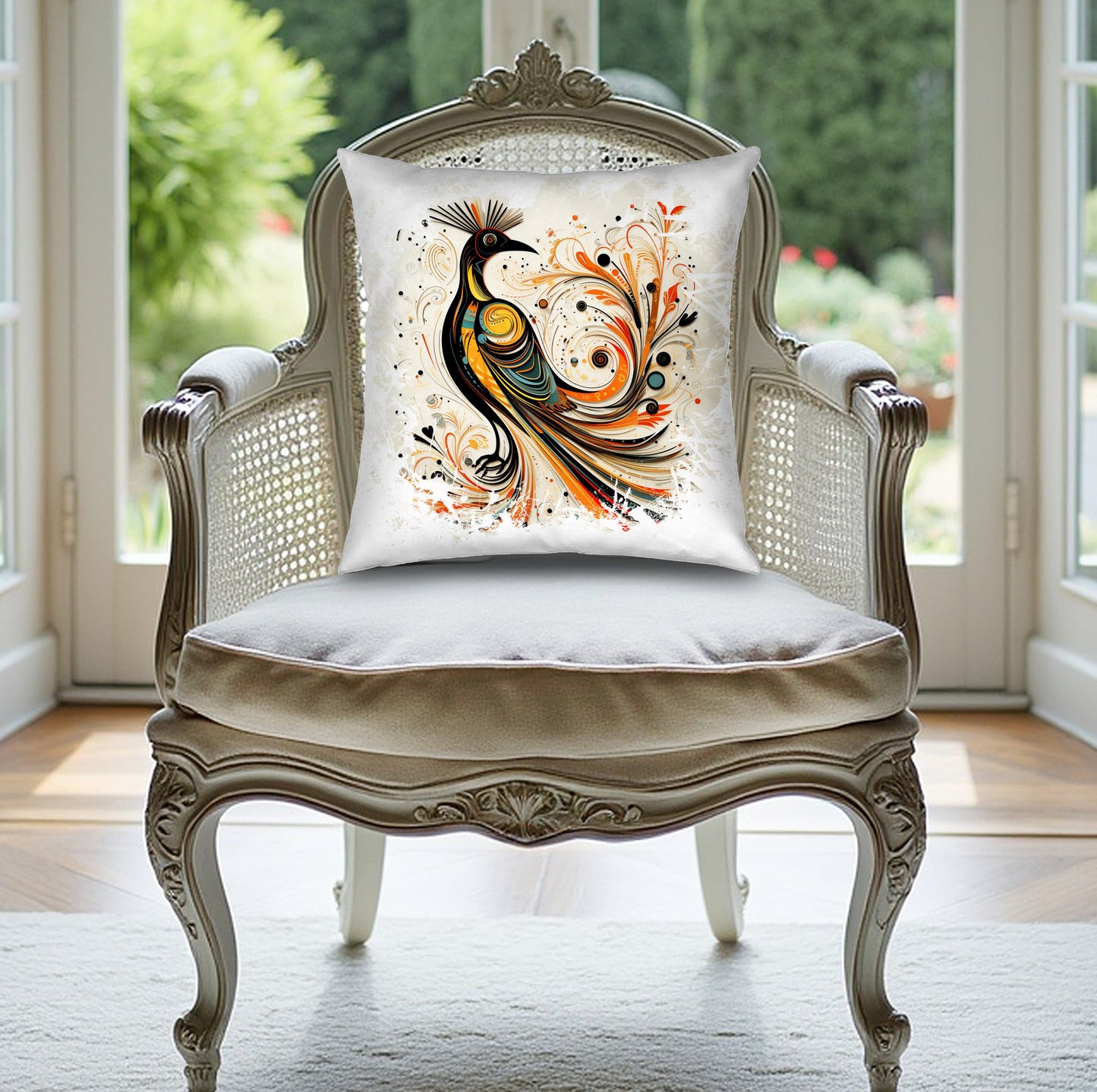Exotic Bird throw pillow highlighting vivid avian art, perfect for brightening sofas and chairs.