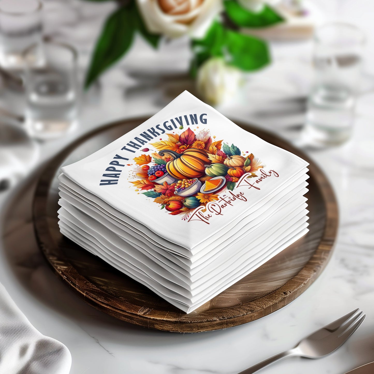 Elegant 3-ply tissue napkins for Thanksgiving, featuring a custom Fall Harvest design.