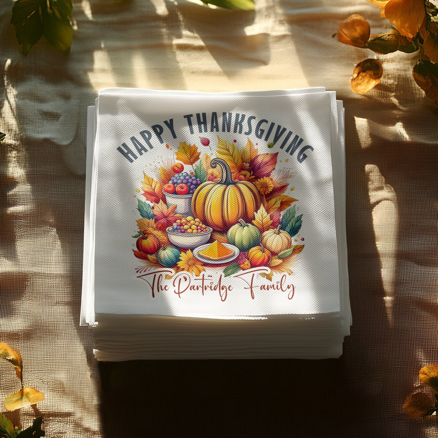 Fall Harvest-themed Thanksgiving serviettes, ideal for sipping beverages and enjoying meals.