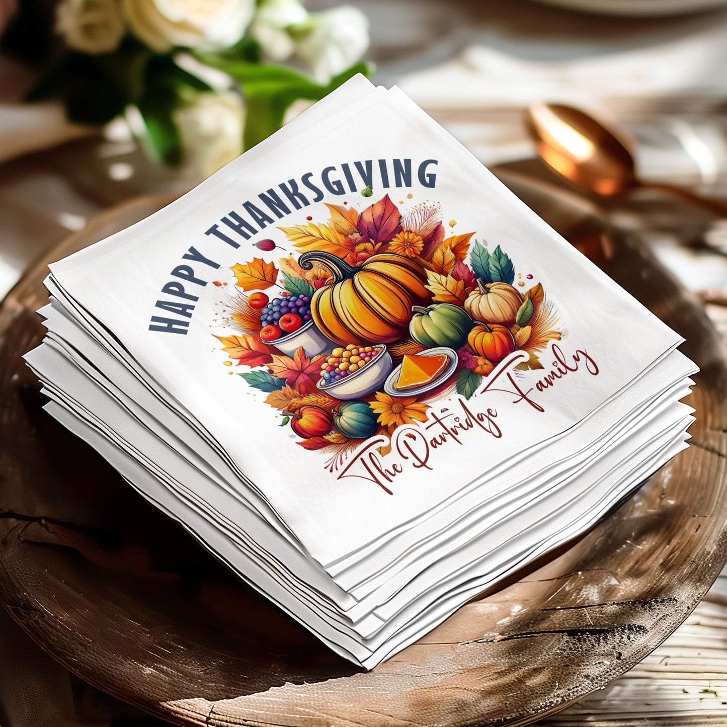 Add a personal touch to your Thanksgiving table with custom Fall Harvest napkins.