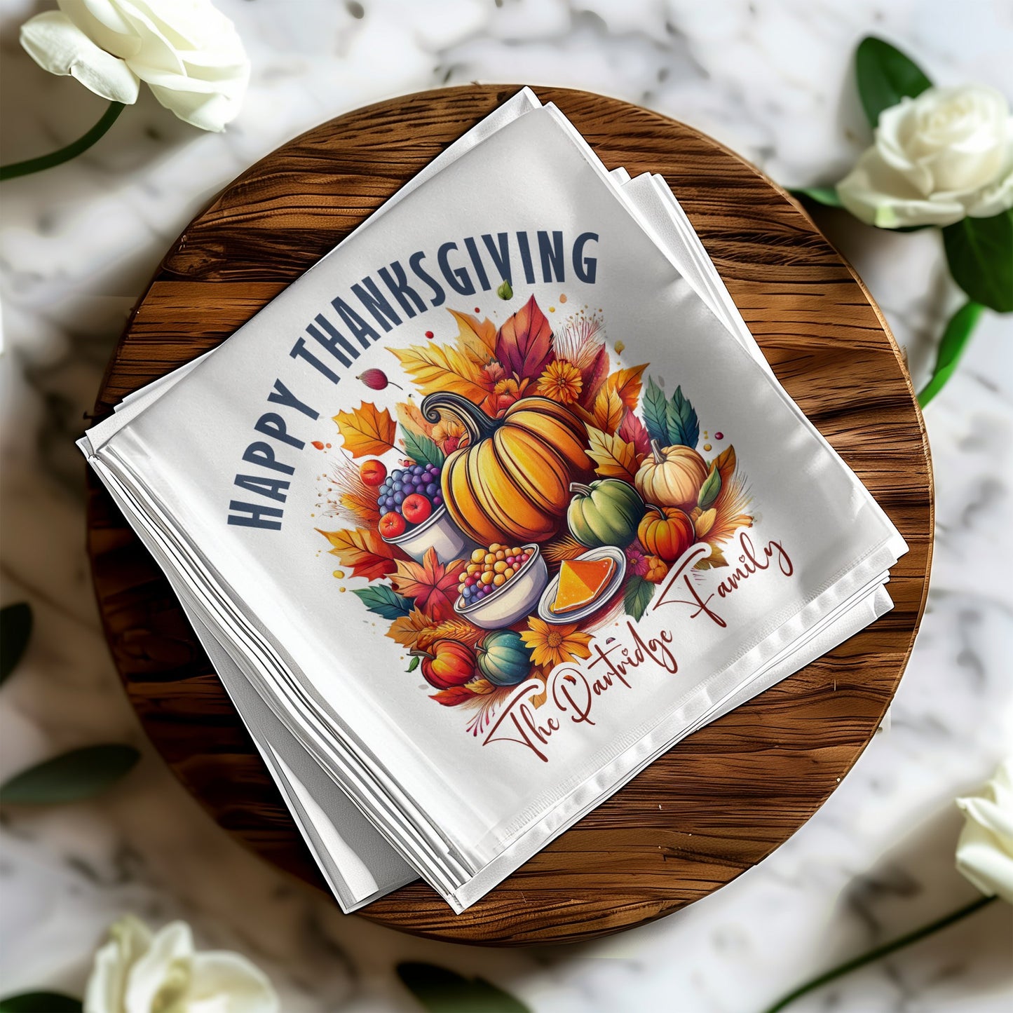 Custom Fall Harvest Thanksgiving napkins, perfect for adding warmth to your festive dinner table.