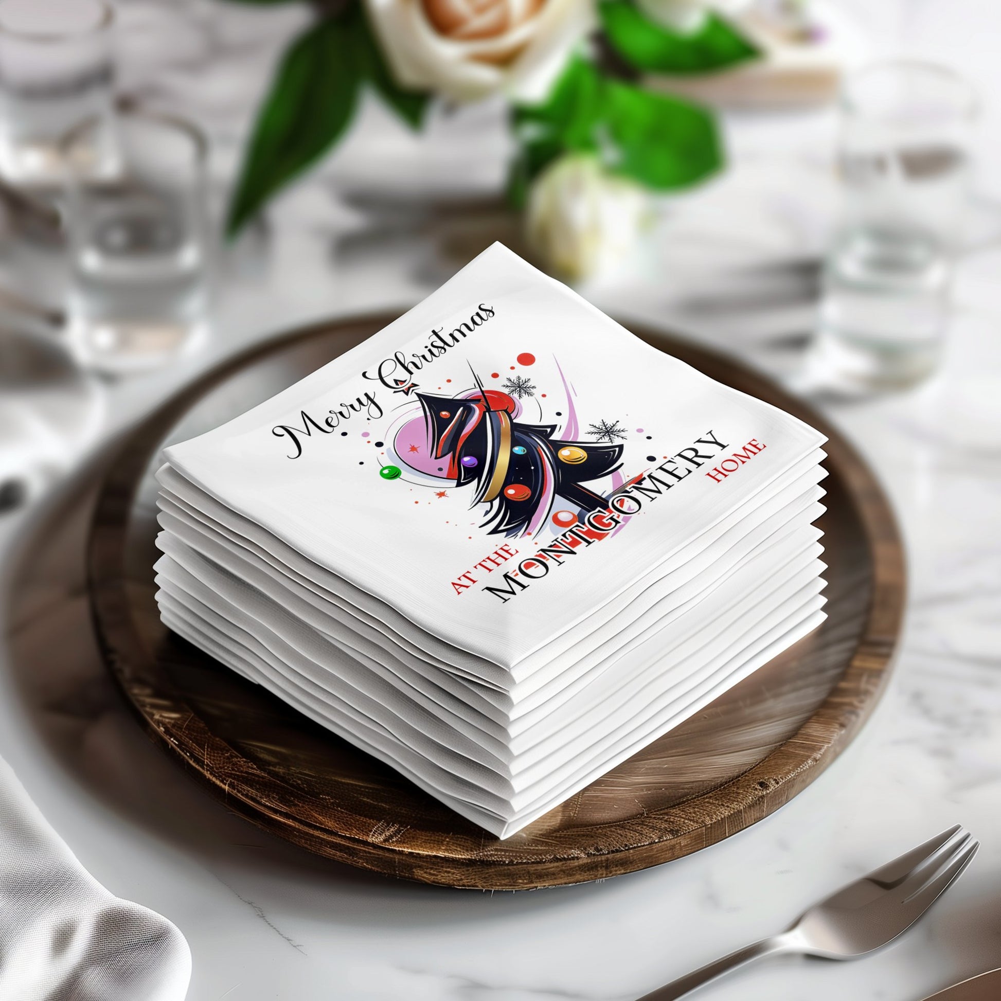 Celebrate the season with custom Christmas serviettes, featuring a festive design.