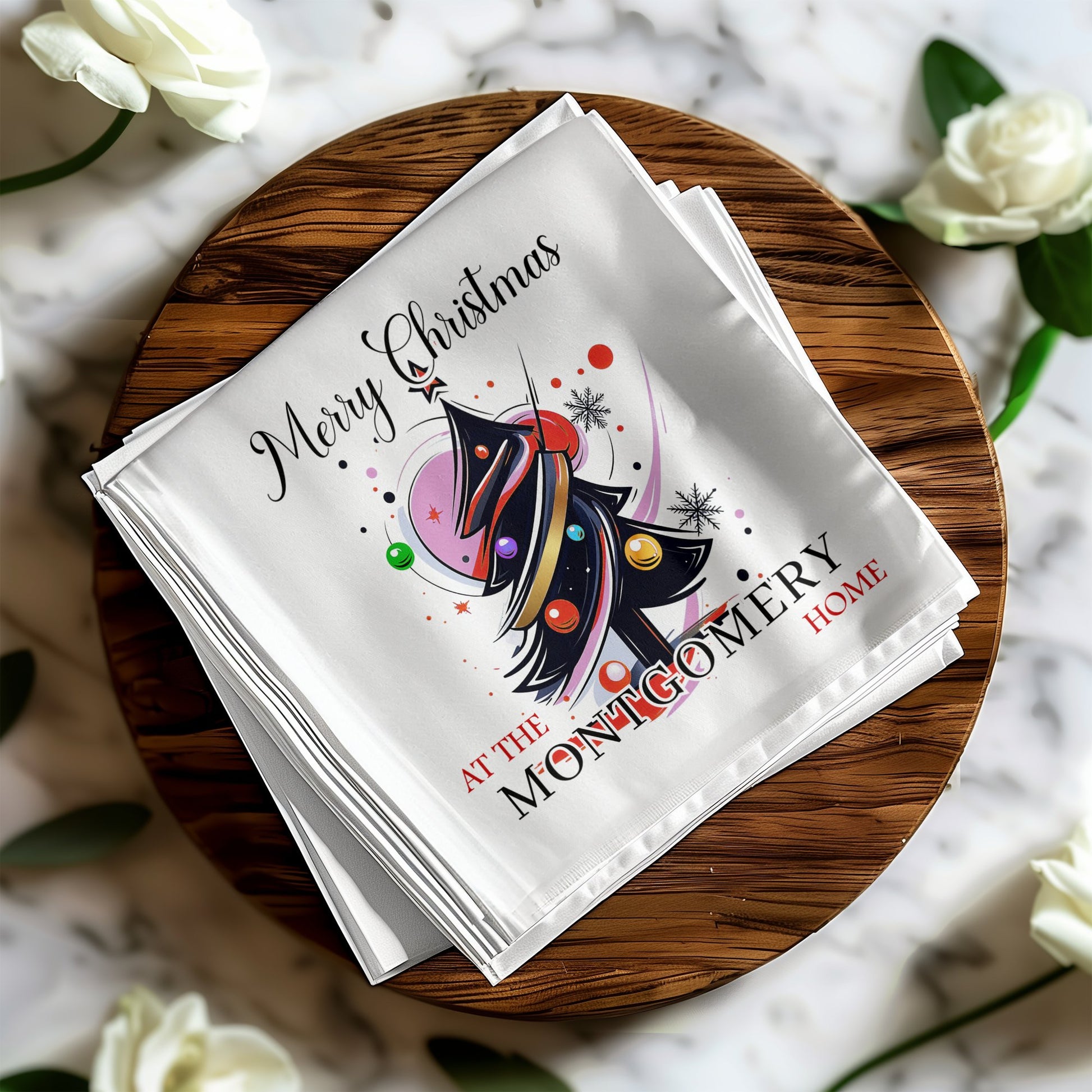 Custom festive Christmas napkins, perfect for adding cheer to your holiday dinner table.