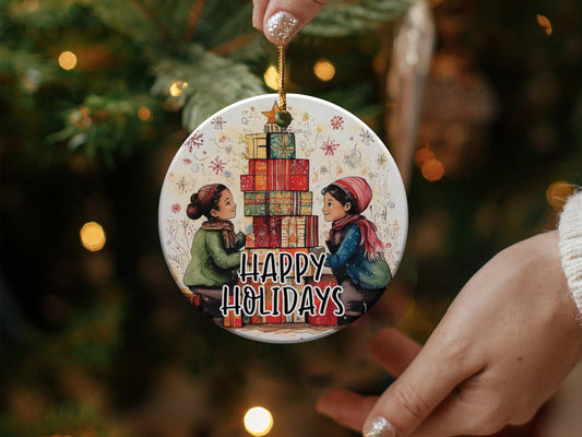 Ceramic Happy Holidays ornament with kids and presents, perfect for cheerful Christmas trees