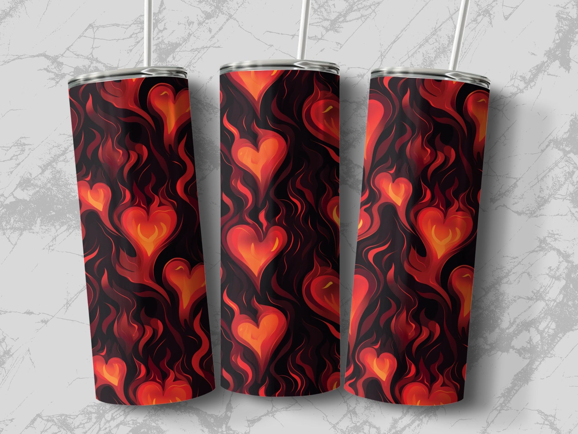Bold flaming hearts tumbler featuring double wall vacuum insulation and vibrant design for all-day use