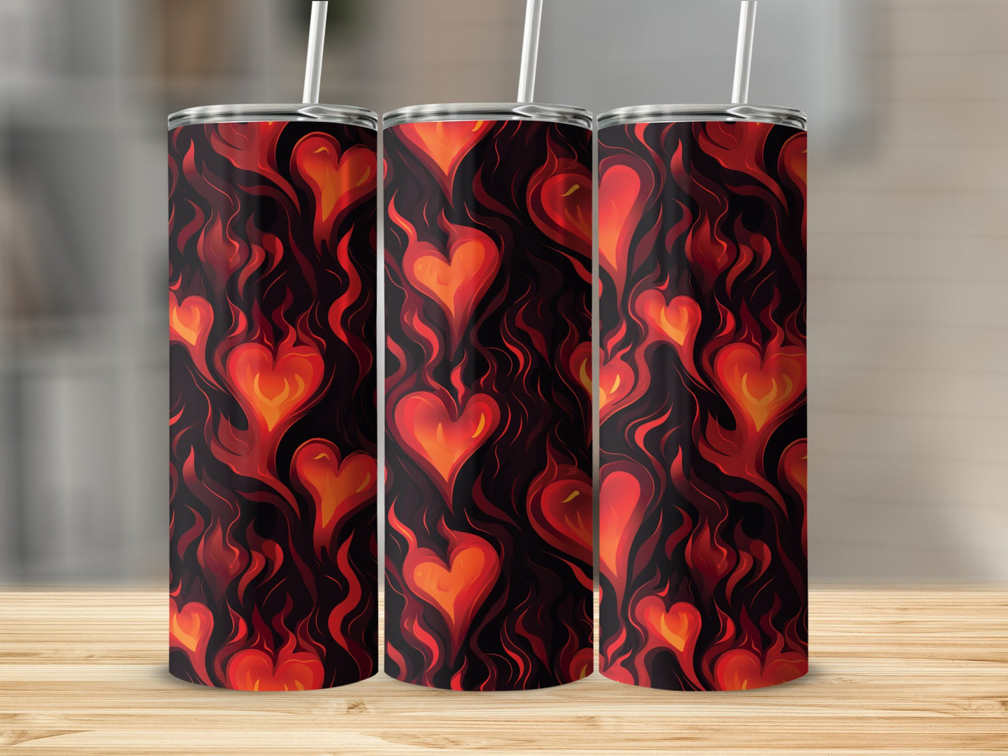 Flaming hearts tumbler with 20oz stainless steel body, perfect for fiery drinks and passionate hydration