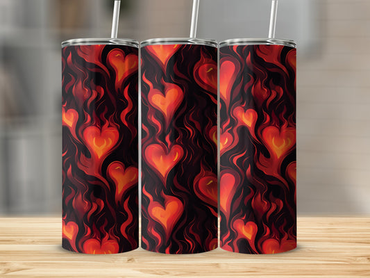 Flaming hearts tumbler with 20oz stainless steel body, perfect for fiery drinks and passionate hydration