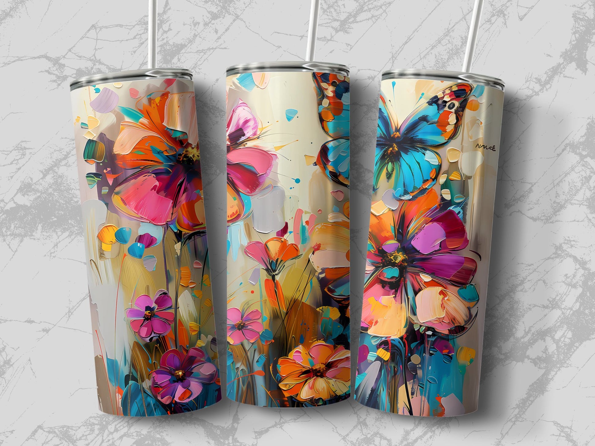 Beautiful floral butterfly tumbler featuring double wall vacuum insulation and BPA-free lid for lasting freshness