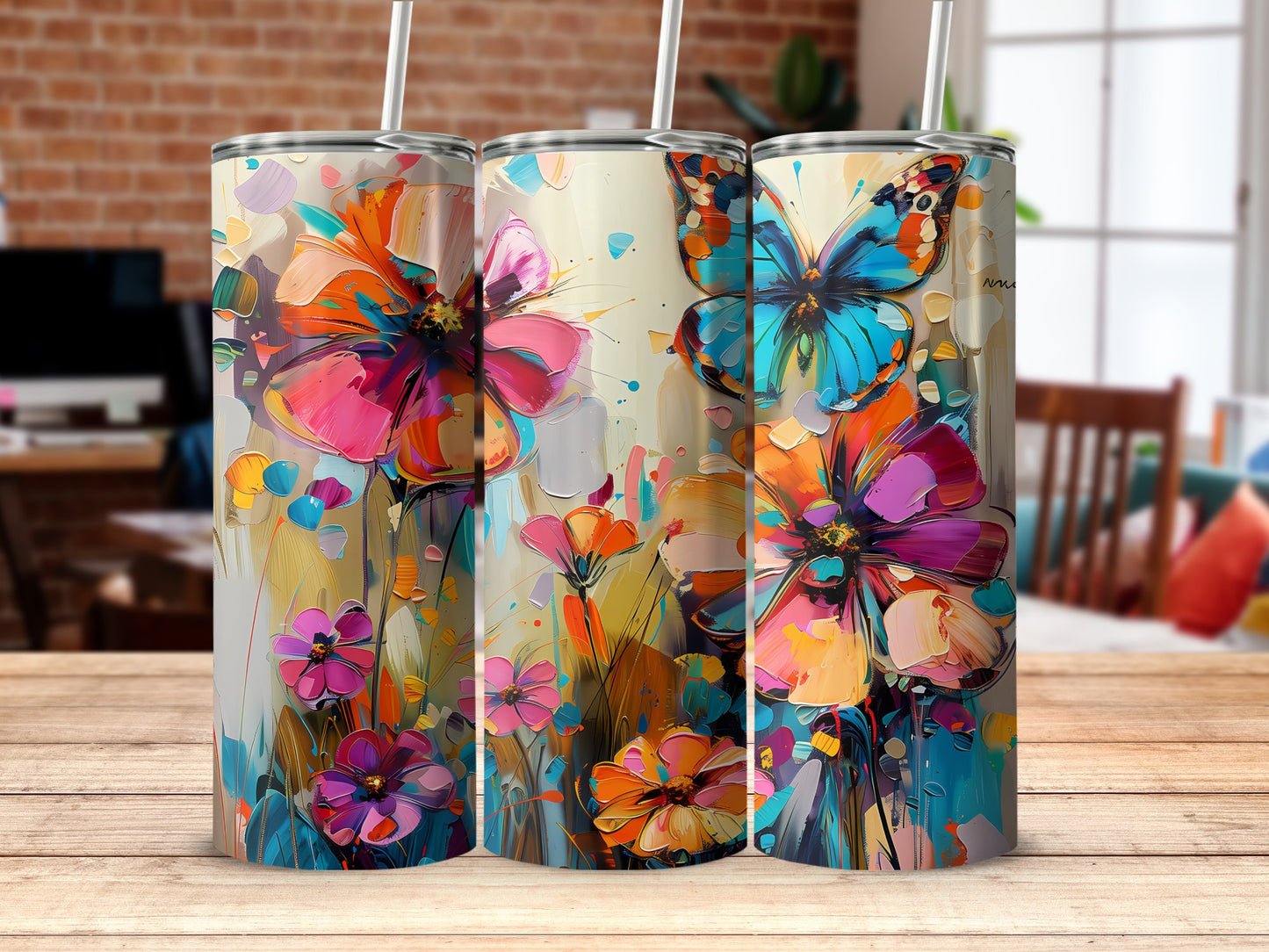 Floral butterfly tumbler on table, 20oz insulated tumbler with beautiful butterfly and flower patterns