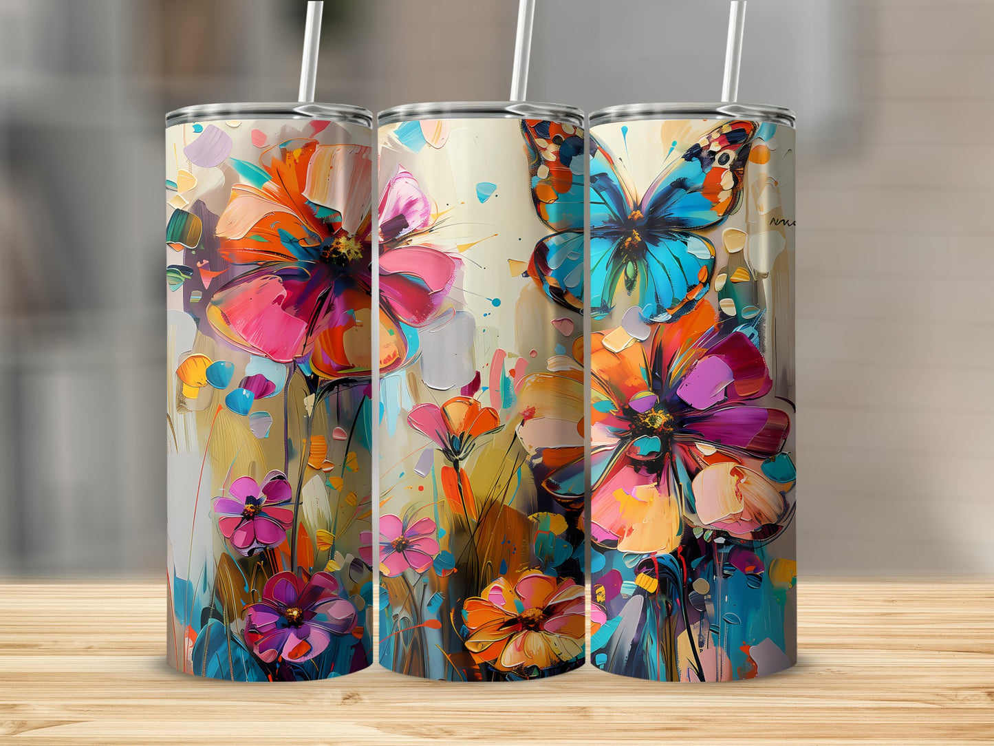 Floral butterfly tumbler with 20oz stainless steel body, perfect for sipping on the go with elegant butterfly design