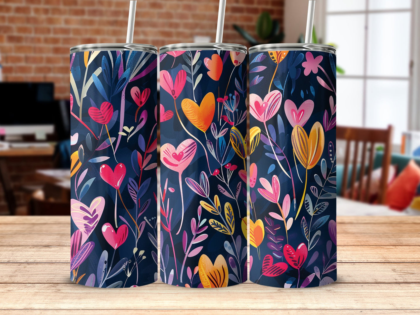 Floral heart tumbler on table, 20oz stainless steel with stunning floral heart print and durable design