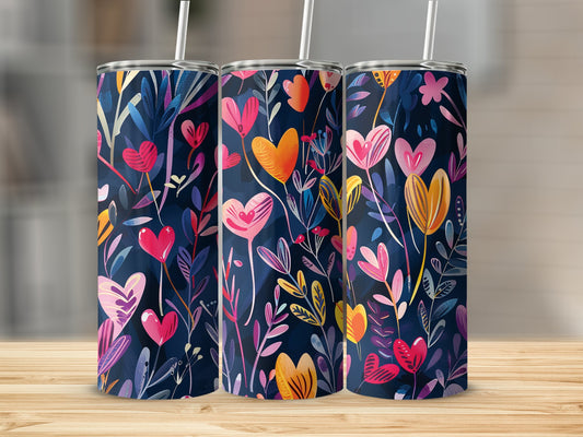 Floral heart tumbler with 20oz stainless steel body, featuring a romantic heart and floral design for stylish hydration