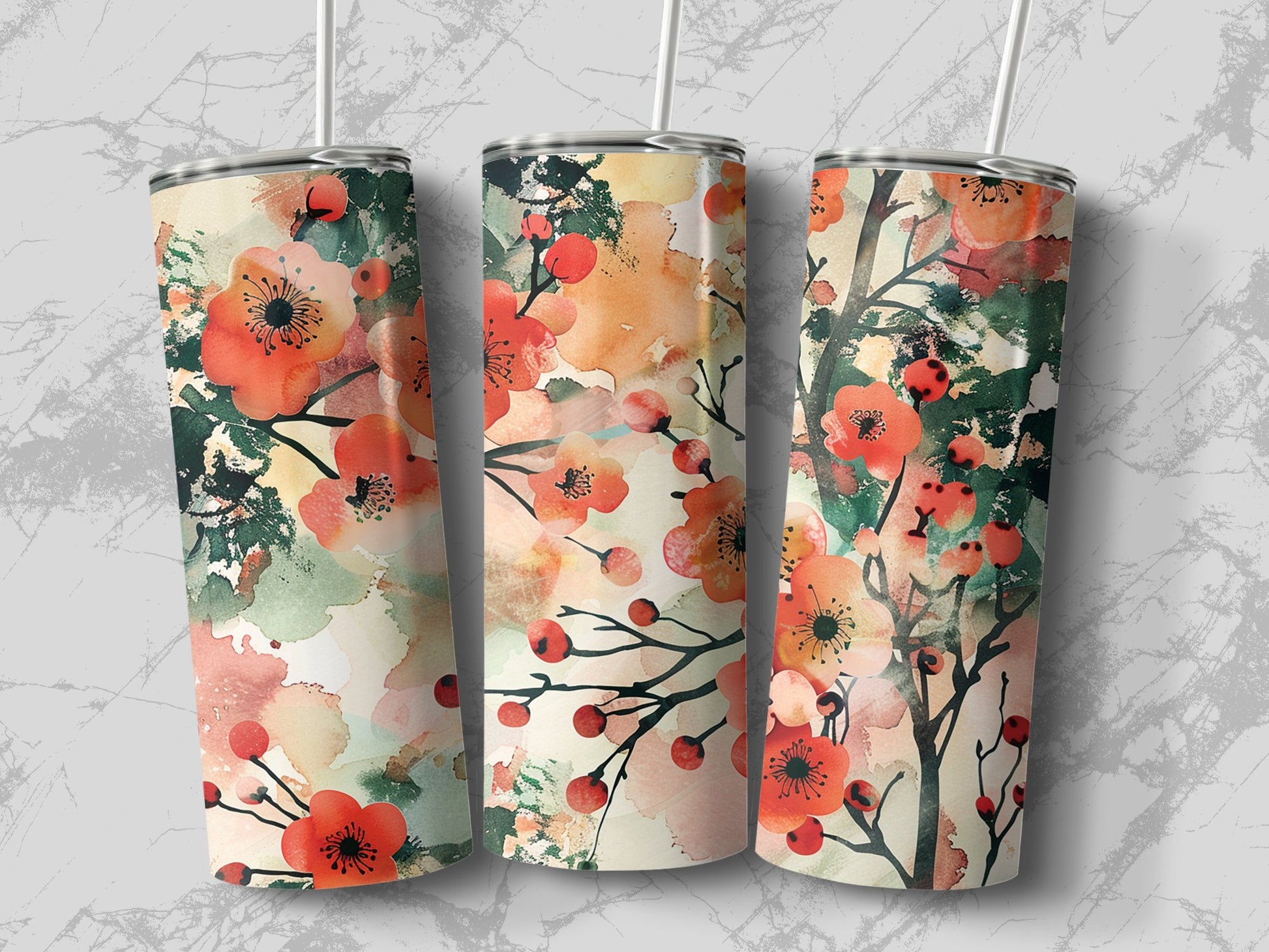 Elegant floral watercolour tumbler with double wall vacuum insulation, BPA-free lid, and vibrant floral design