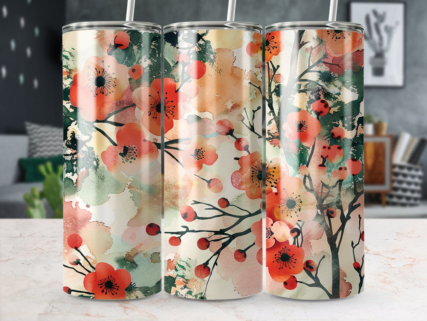 Floral watercolour tumbler on table, 20oz stainless steel with artistic, soft floral hues for a sophisticated look