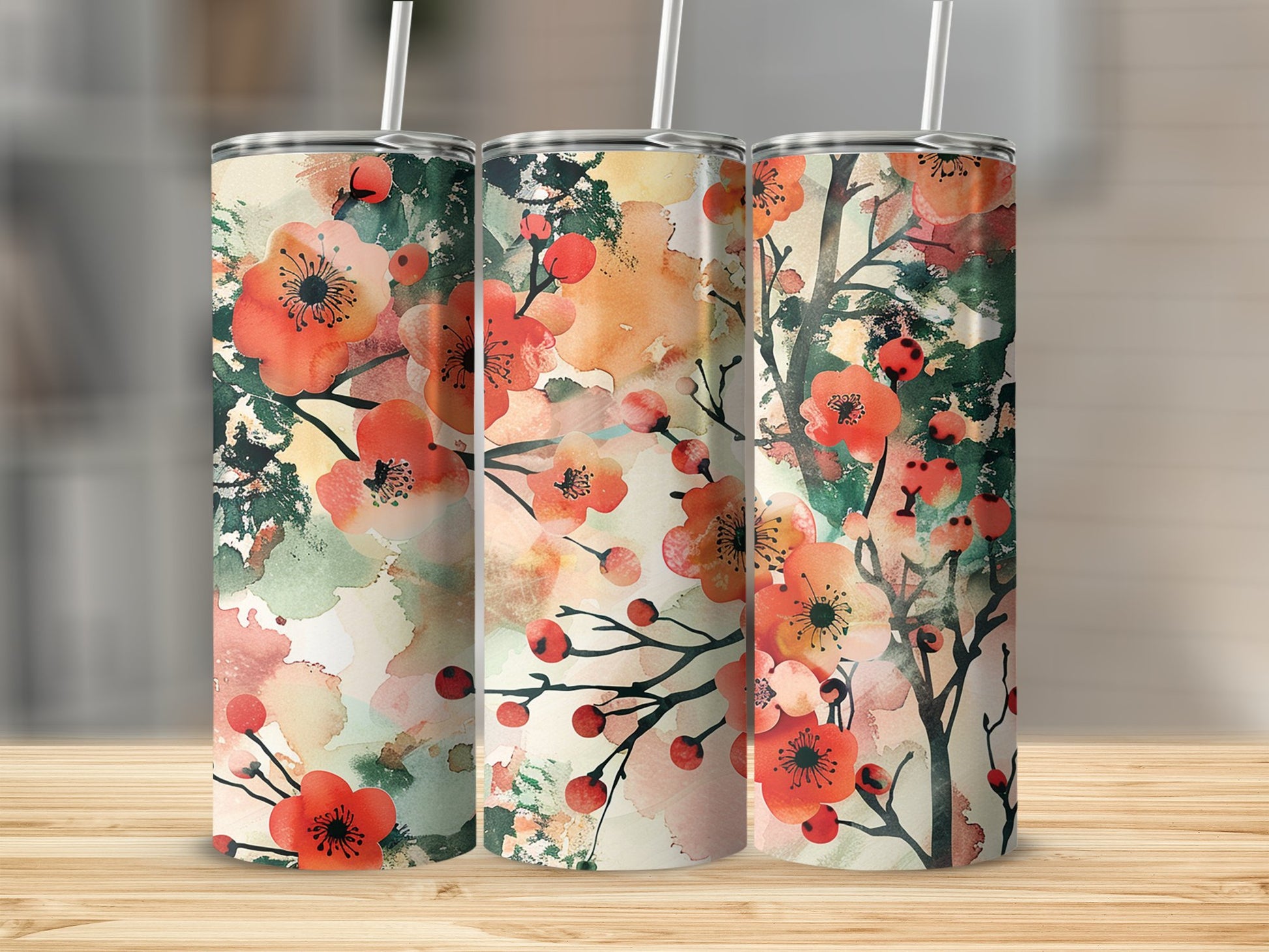 Floral watercolour tumbler with 20oz stainless steel body, featuring soft, colourful flower artwork for stylish hydration