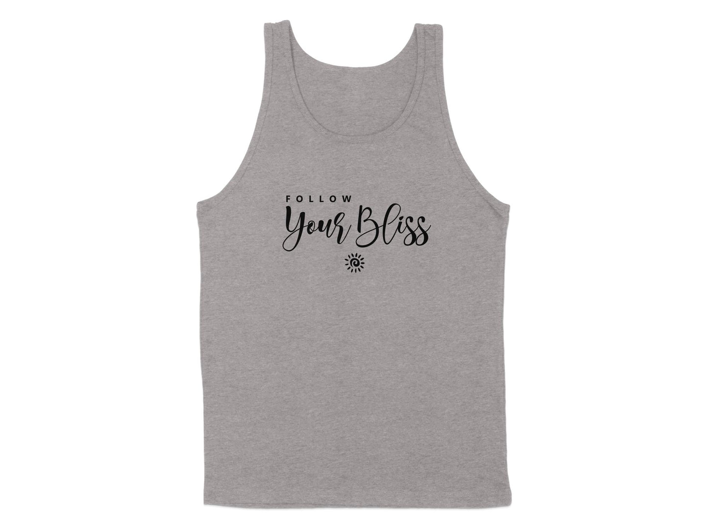 Athletic Heather Follow Your Bliss Tank Top, sleeveless with scoop neck, unisex fit, and uplifting graphic design.