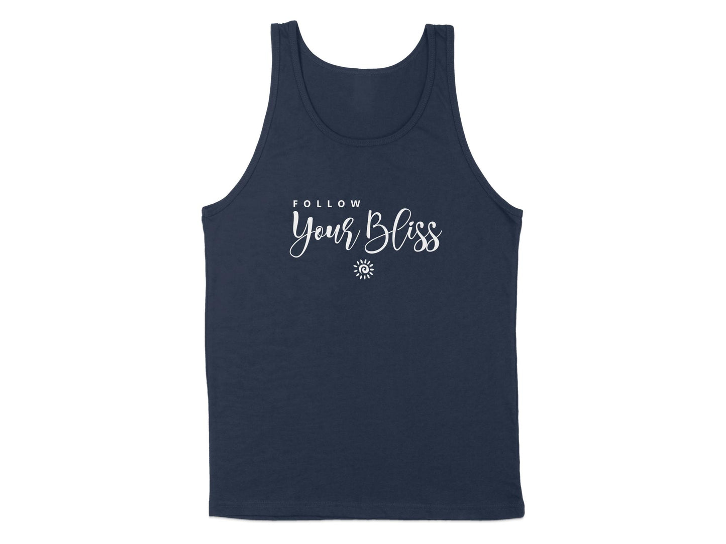 Navy Follow Your Bliss Tank Top, sleeveless with scoop neck, unisex sizing, and an empowering graphic design.