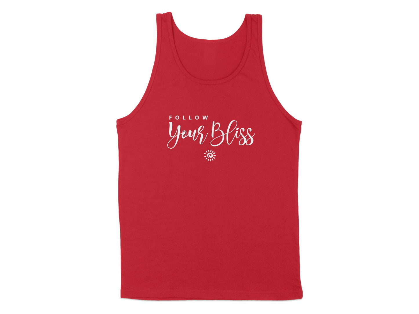 Red Follow Your Bliss Tank Top, sleeveless with scoop neck, soft cotton material, and a positive graphic design.