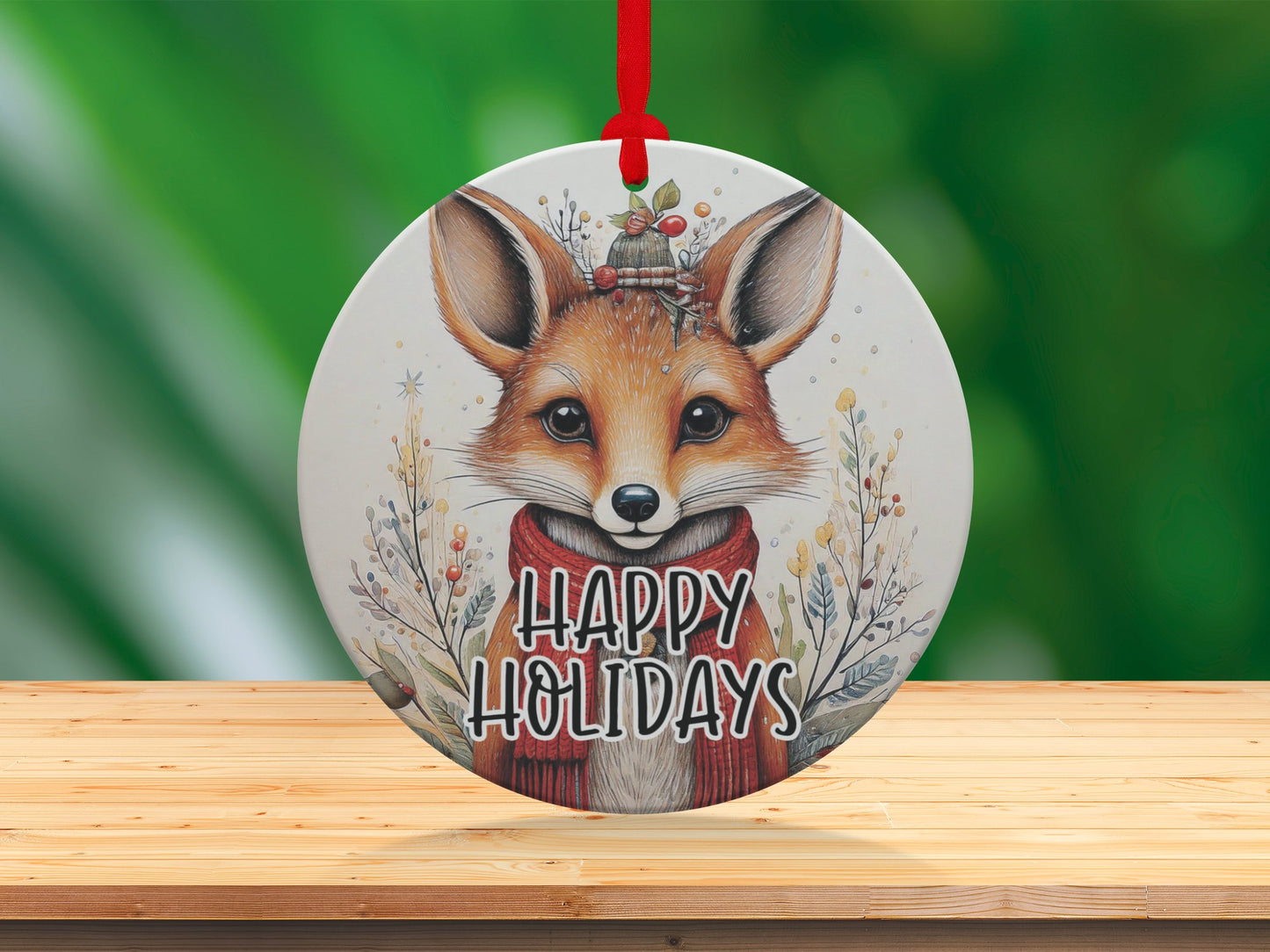 Round aluminium Christmas ornament featuring a cozy fox with festive greeting and snow