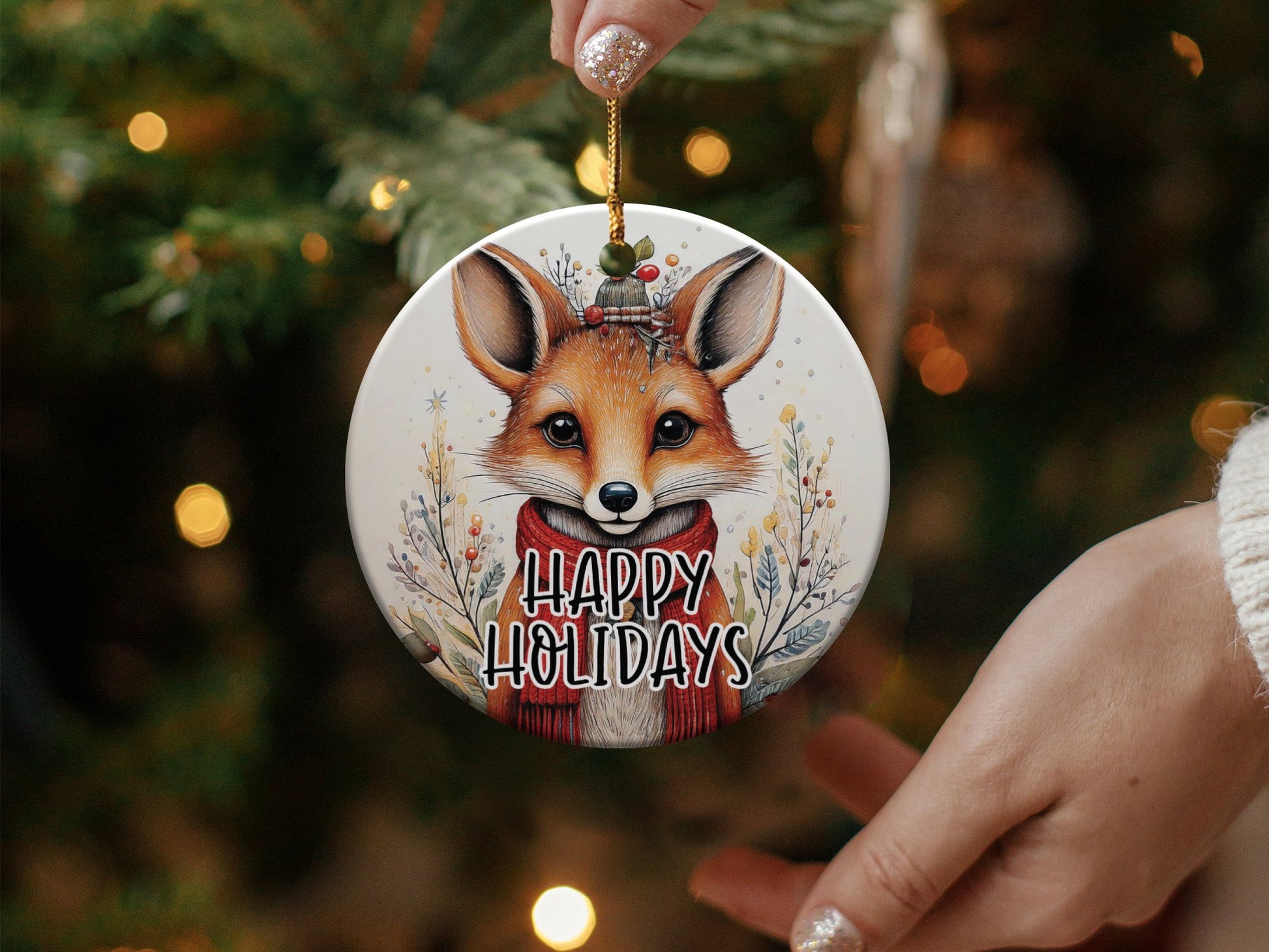 Ceramic holiday ornament with cheerful fox and Happy Holidays text, perfect for festive trees