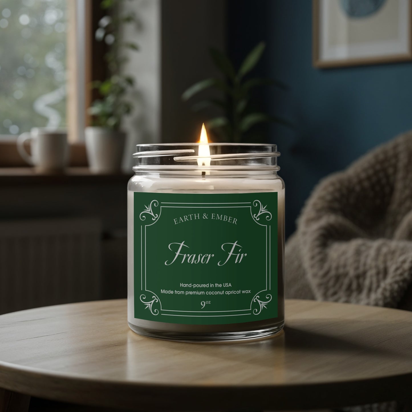 Fraser Fir scented candle glowing softly to create cozy, woodland-inspired ambient lighting.