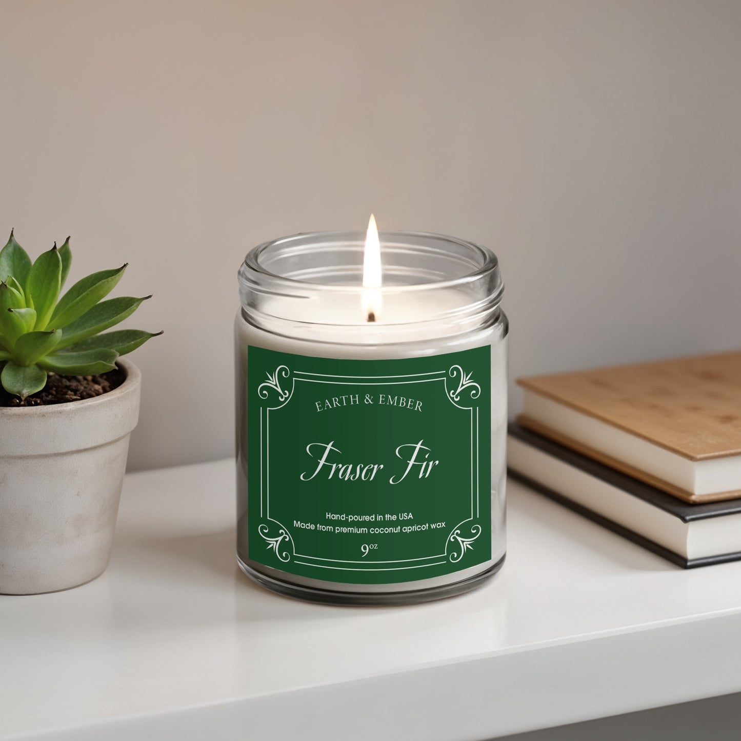 Fraser Fir scented candle styled as festive home decor, adding fresh pine ambiance and warmth.