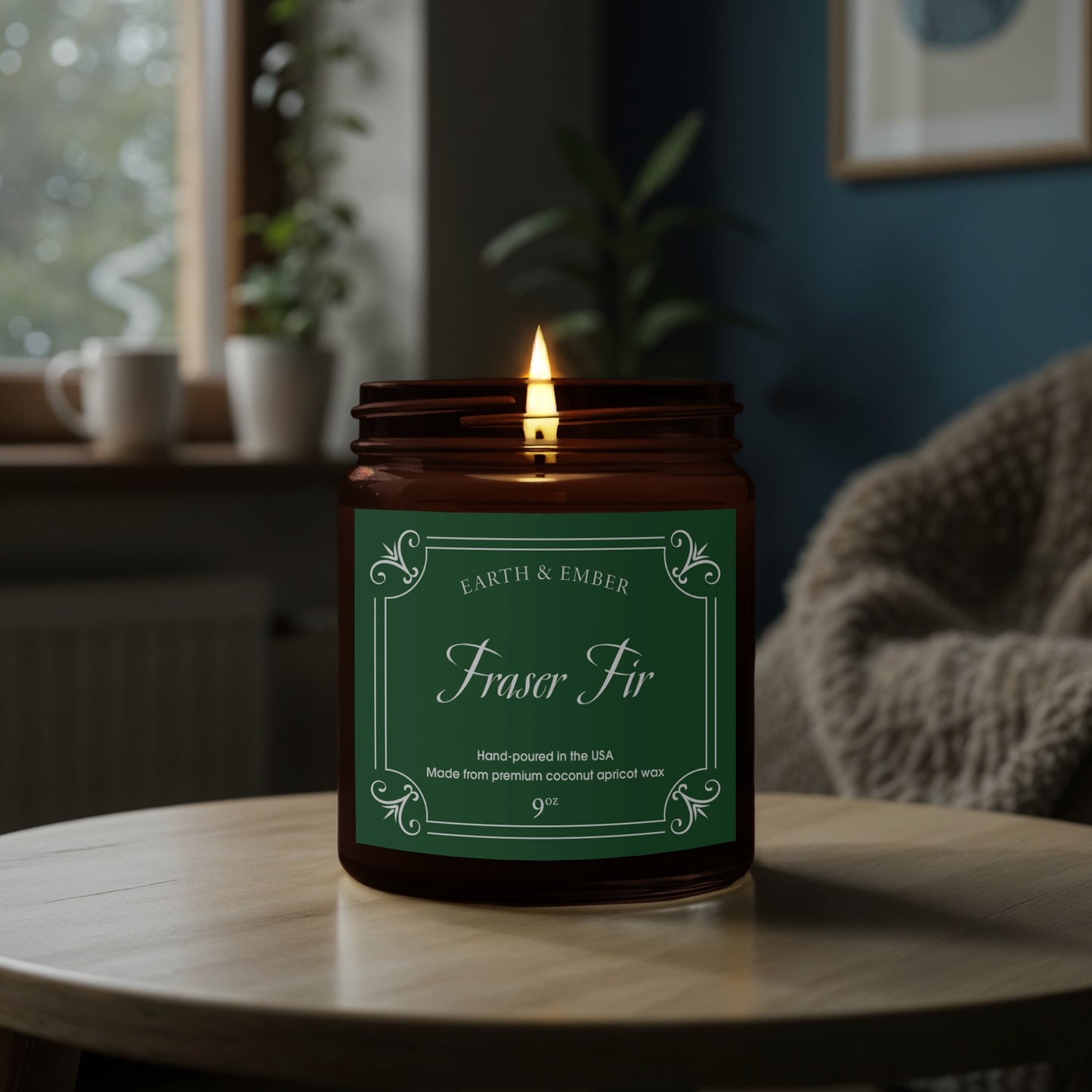 Close-up of Fraser Fir scented candle wick and creamy wax highlighting natural evergreen fragrance.