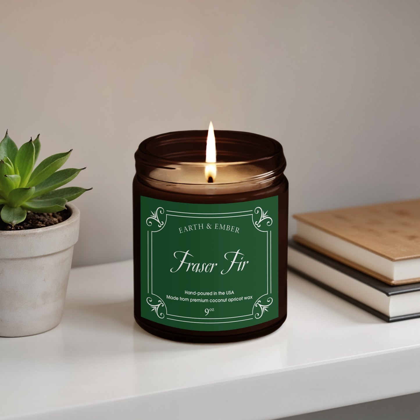 Fraser Fir scented candle 9oz in amber jar with crisp evergreen aroma and clean, long-lasting burn.