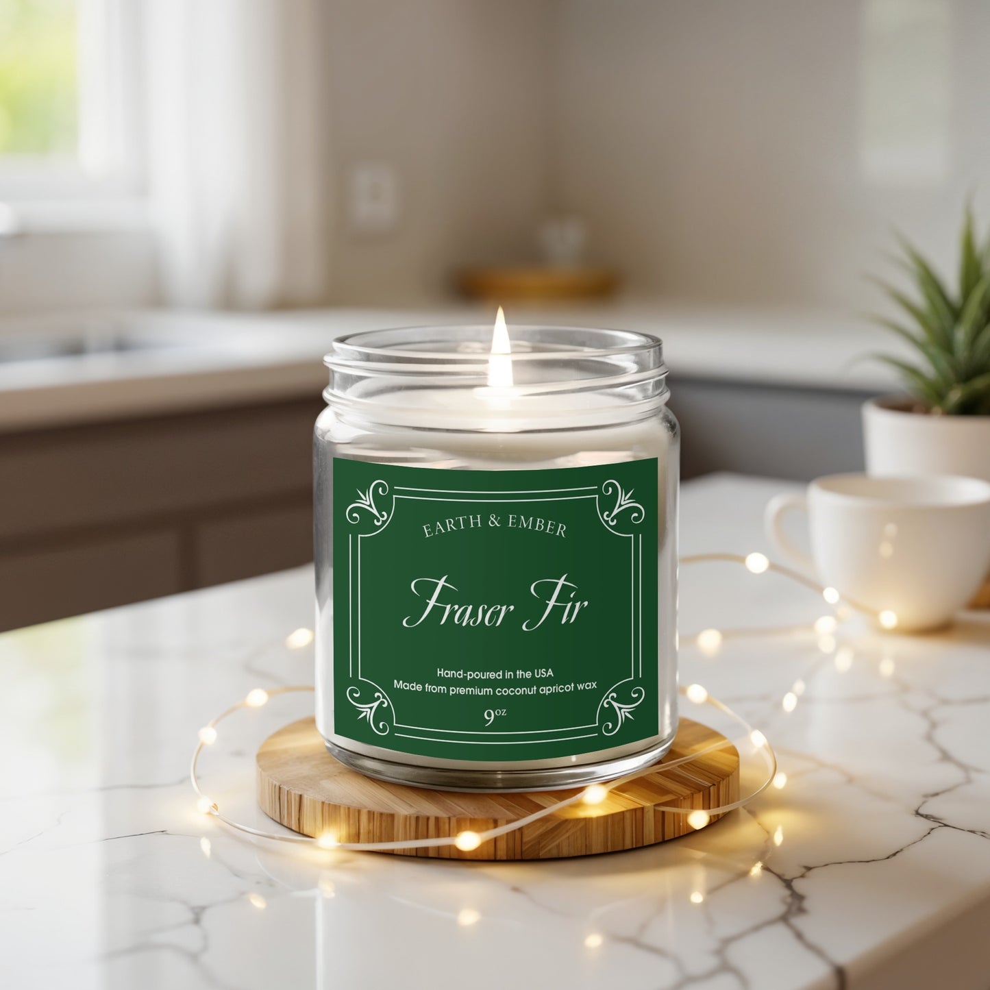 Fraser Fir scented candle displayed with clear reusable jar and warm textures for inviting atmosphere.