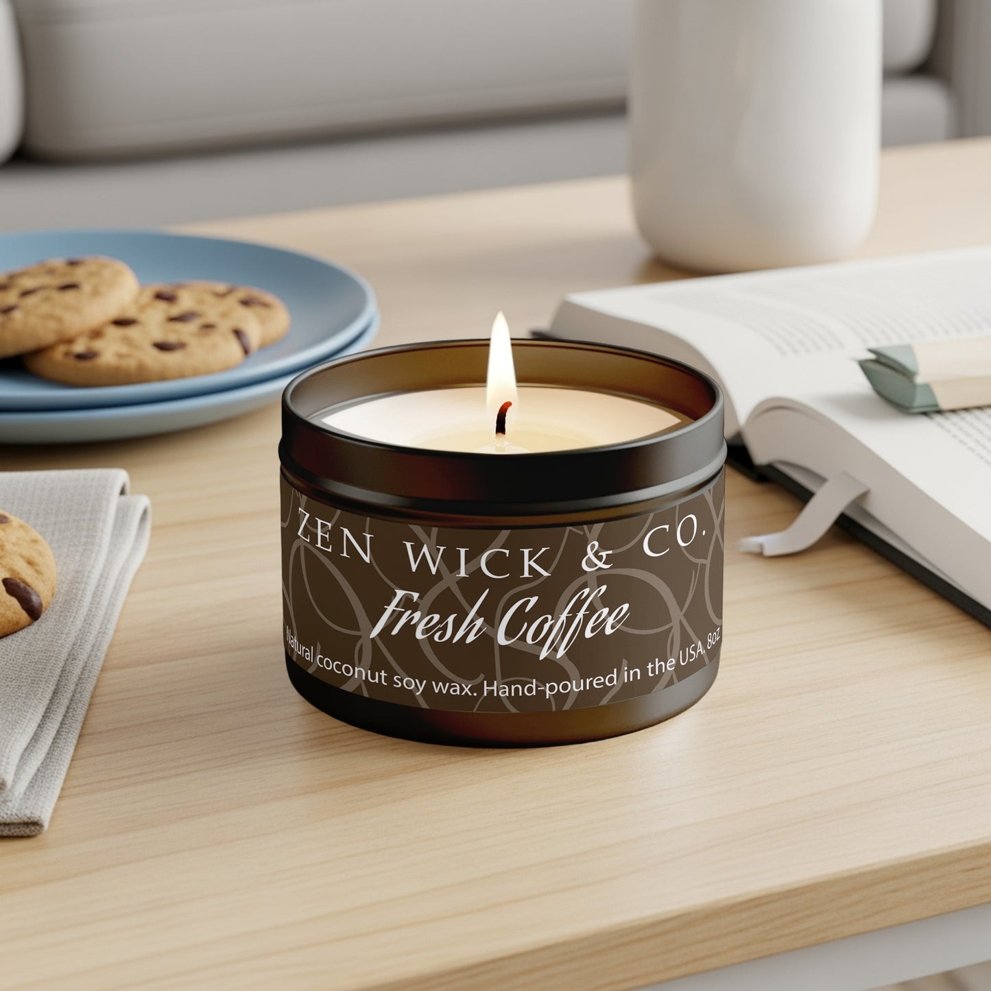 Fresh Coffee coconut soy candle 8oz in reusable black tin with espresso-brown label and branding.