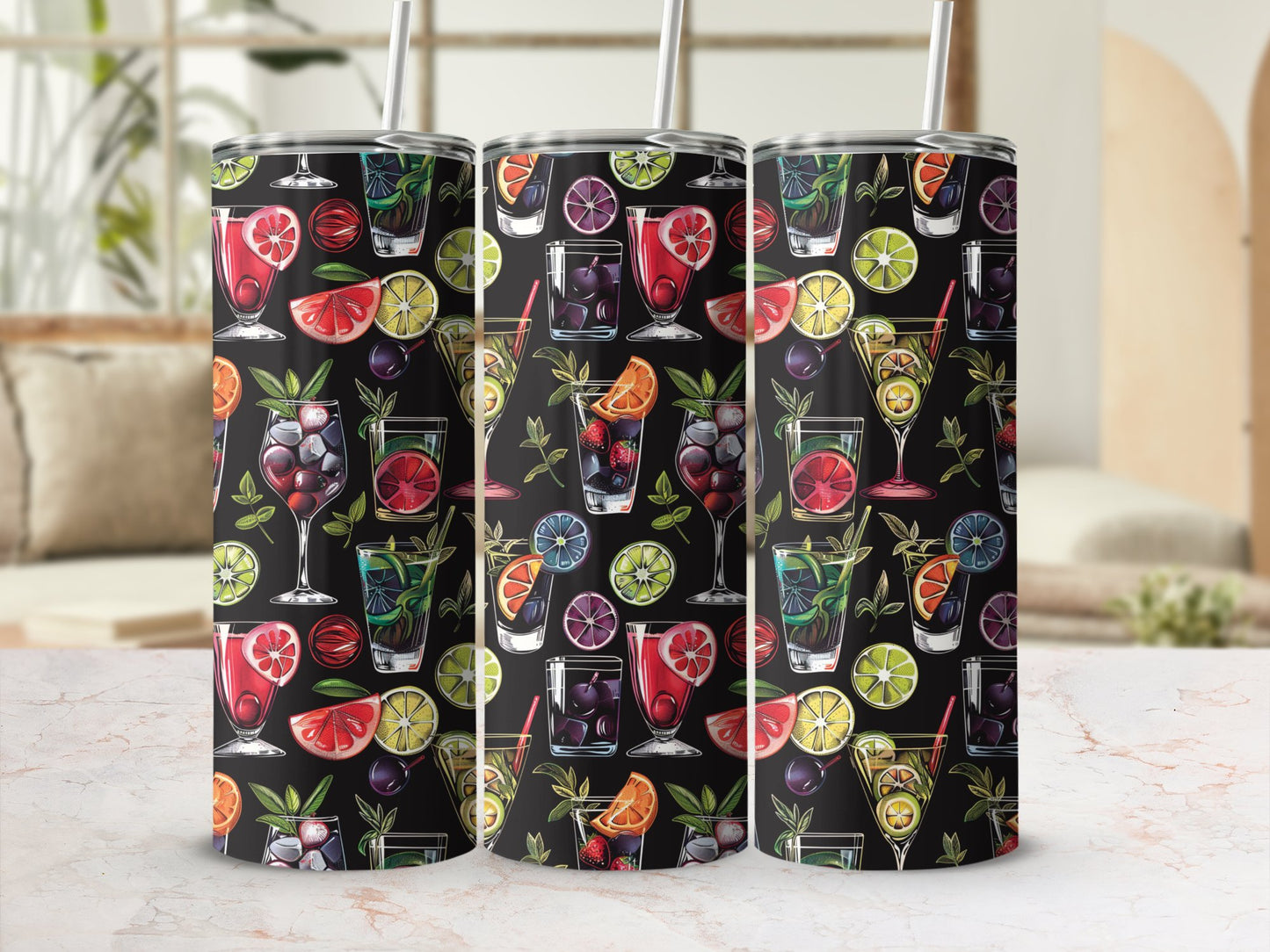 Fruit cocktail tumbler on table, 20oz stainless steel with lively fruit designs and durable construction