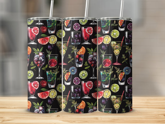 Fruit cocktail tumbler with 20oz stainless steel body, featuring vibrant fruit illustrations for refreshing drinks