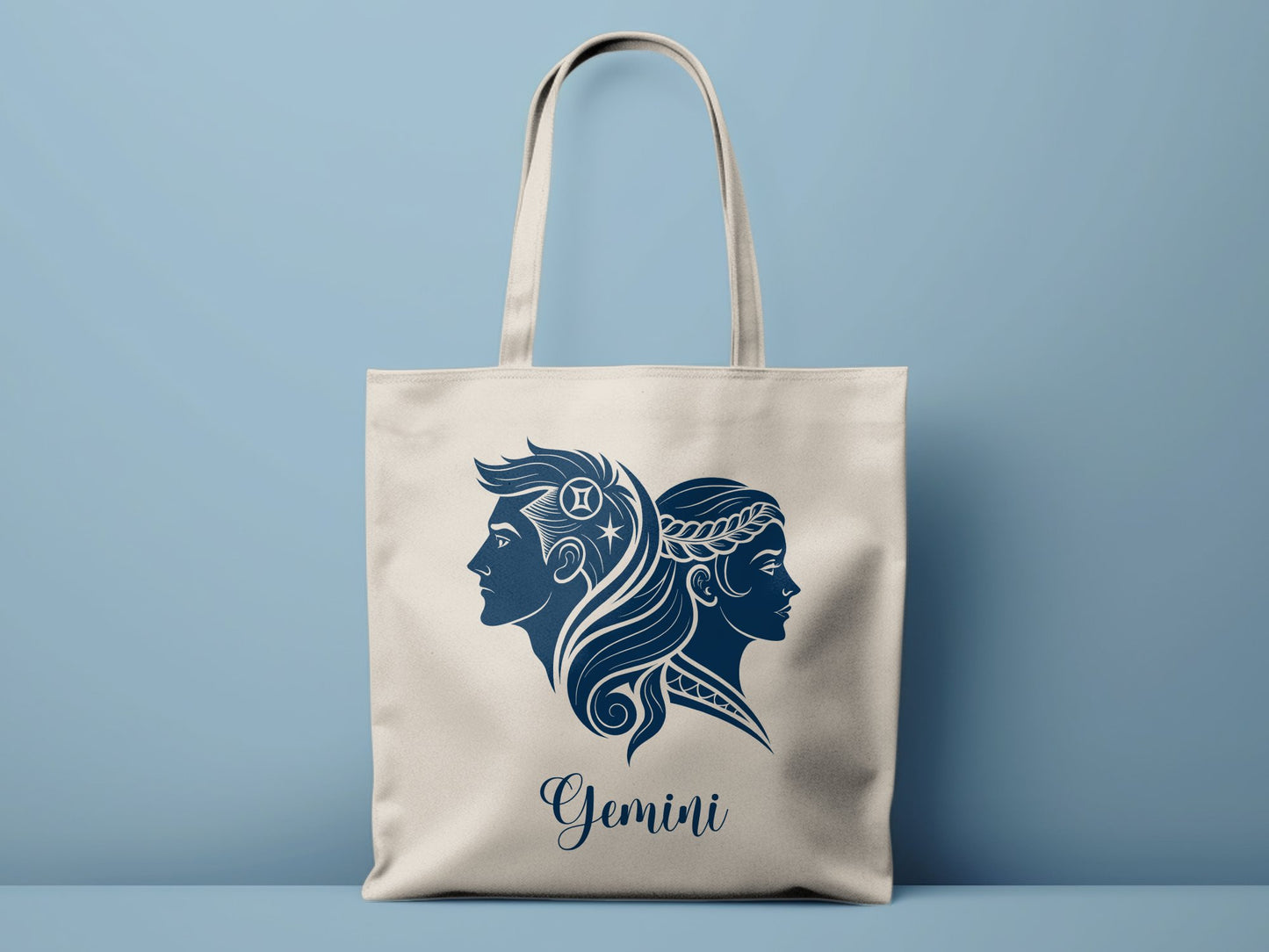 Twin-themed Gemini tote in natural, mirrored print both sides with roomy compartment and sturdy handles.