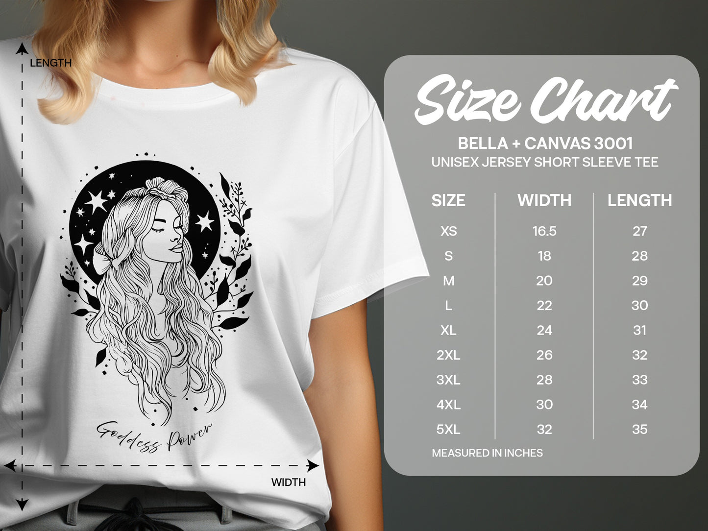 Goddess Power T-shirt size chart, unisex measurements for chest, length, and fit guide to ensure perfect empowering boho style.