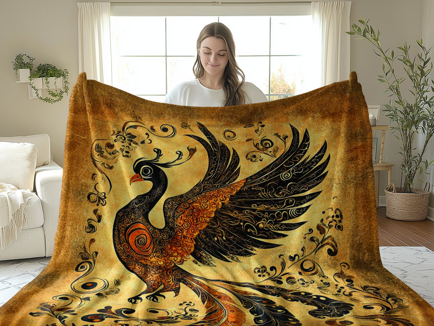 Model holding the Golden Dream Arctic Fleece Blanket 60x80 inch size, showing its spacious, plush design for cool nights.