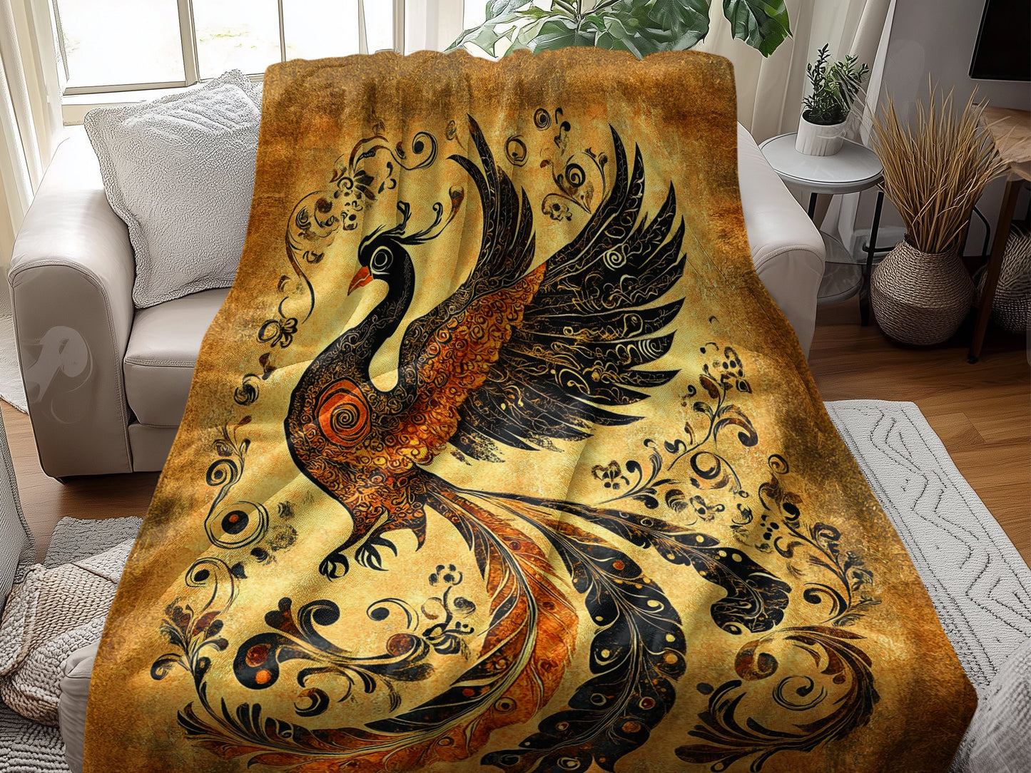 Golden Dream Arctic Fleece Blanket spread over a couch, showcasing its luxurious Arctic fleece texture and hemmed edges.