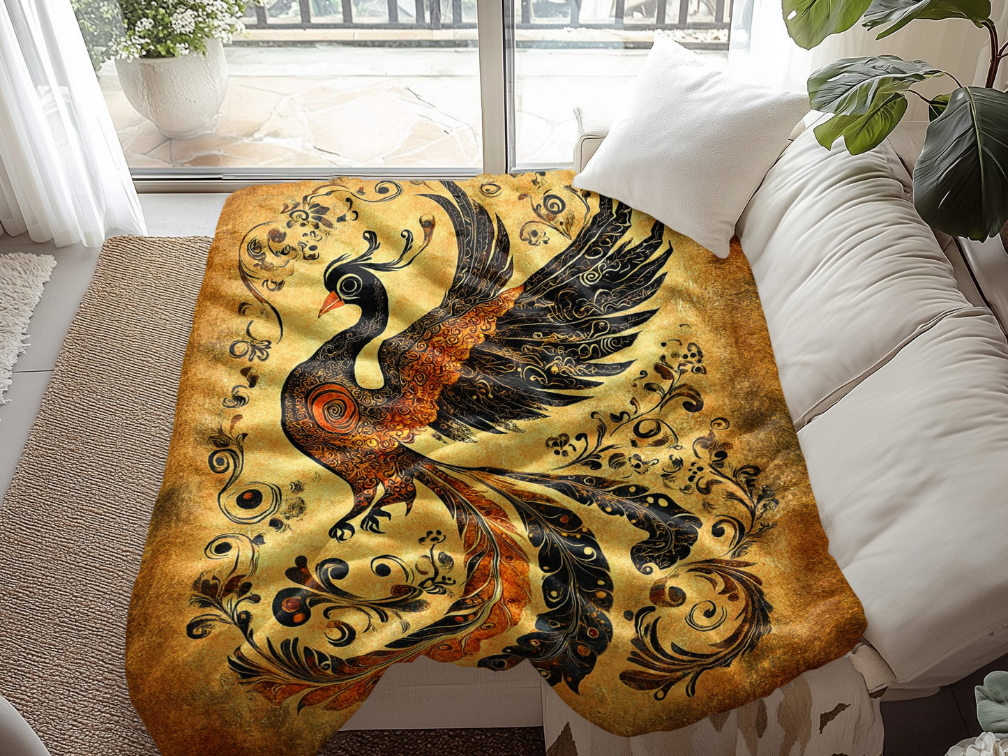 Golden Dream Arctic Fleece Blanket 60x80 inch size over a couch, adding warmth and elegance to decor with its soft touch.