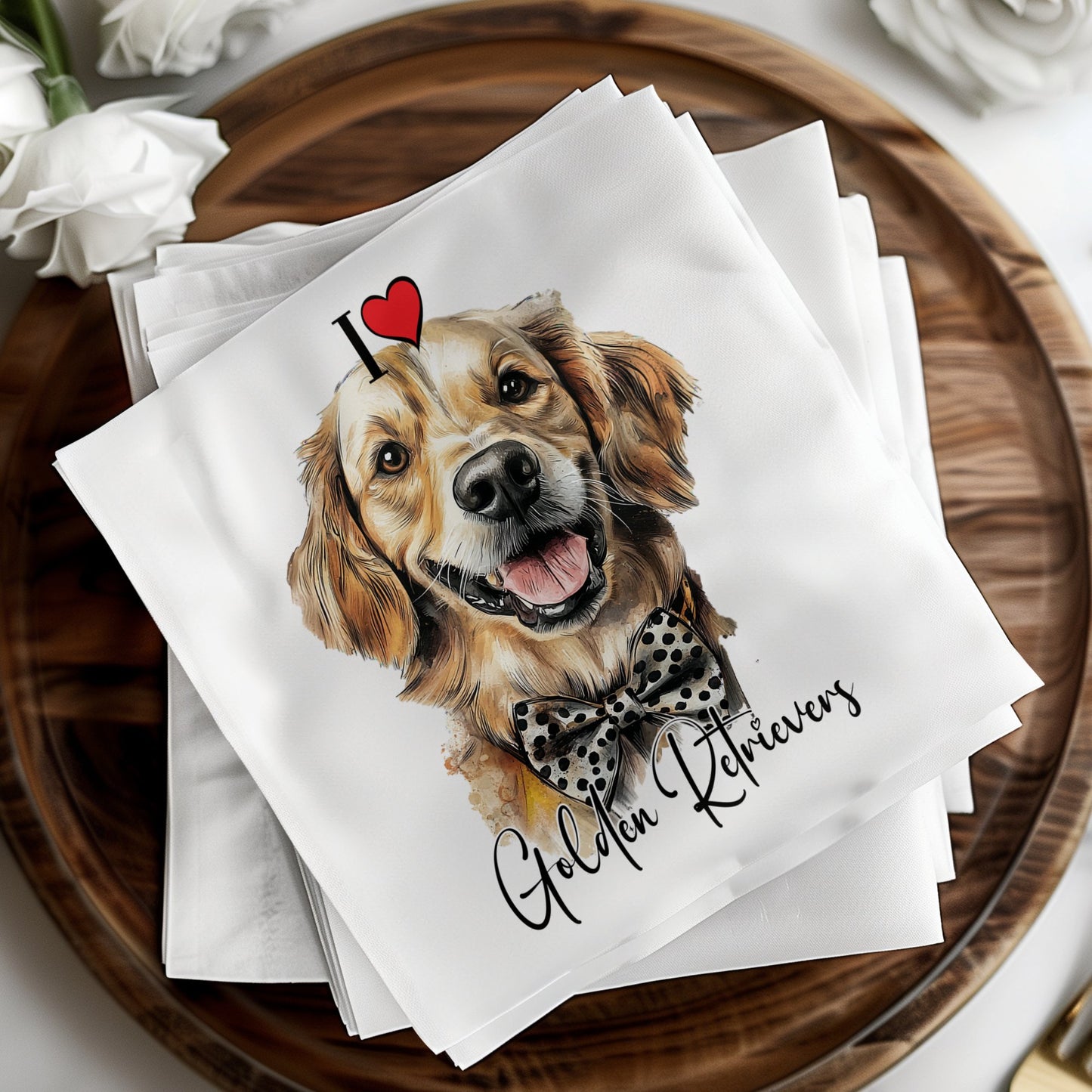 Single-sided Golden Retriever serviettes, adding a personal touch to your event.