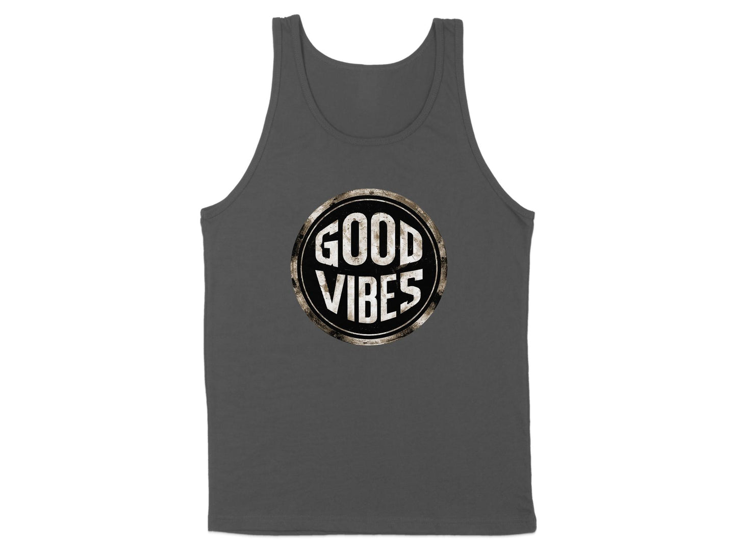 Charcoal Good Vibes Sleeveless Top, scoop neck, soft cotton fabric, and unisex fit for comfort and style.